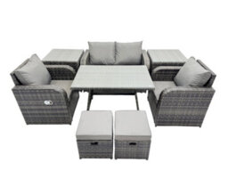 Fimous Outdoor Garden Furniture Set Rattan Sofa Dining Table Set With Reclining Chair 2 Small Footstool 2 Side Table Dark Grey - thumbnail 9