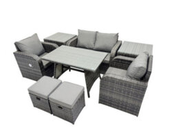 Fimous Outdoor Garden Furniture Set Rattan Sofa Dining Table Set With Reclining Chair 2 Small Footstool 2 Side Table Dark Grey - thumbnail 8