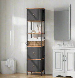 Modcraft Tall Narrow Corner Storage Cabinet, 3 Fabric Drawers & 2 Open Shelves, Slim Bathroom Unit