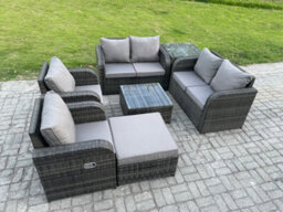 Fimous 7 Seater Rattan Sofa Set Outdoor Garden Furniture Set With Square Coffee Table Loveseat Sofa Reclining Chairs - thumbnail 2