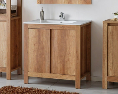 Impact Furniture Freestanding Bathroom Vanity Unit 800mm Sink Cabinet With Basin Oak Effect Floor Storage Classic - image 1