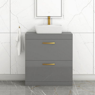 Royal Bathrooms 800mm Floor Standing Vanity Unit 2 Drawer Indigo Grey Gloss & Countertop Basin - Cube With Brushed Brass Handle - image 1