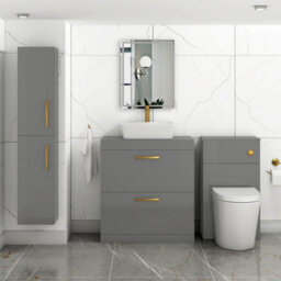 Royal Bathrooms 800mm Floor Standing Vanity Unit 2 Drawer Indigo Grey Gloss & Countertop Basin - Cube With Brushed Brass Handle - thumbnail 2