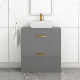 Royal Bathrooms 800mm Floor Standing Vanity Unit 2 Drawer Indigo Grey Gloss & Countertop Basin - Cube With Brushed Brass Handle - thumbnail 1