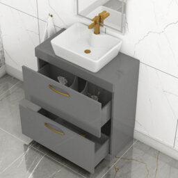 Royal Bathrooms 800mm Floor Standing Vanity Unit 2 Drawer Indigo Grey Gloss & Countertop Basin - Cube With Brushed Brass Handle - thumbnail 3