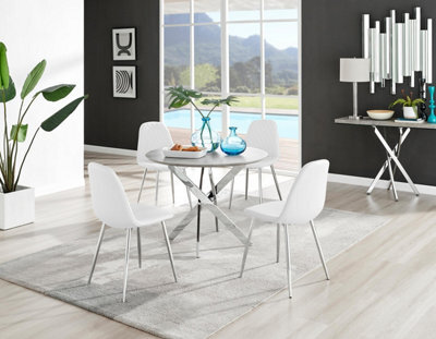 Furniturebox Uk Novara Grey Concrete Effect Round Dining Table & 4 White Corona Silver Chairs - image 1