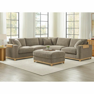 Xample Aiden & Ivy Hawthorne Brown Fabric Corner Sofa With Storage Ottoman, Feather-Wrapped Foam Seats, Wood Arm Trays, 3 Accent Pillows - image 1