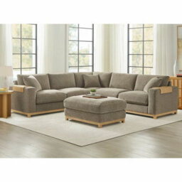 Xample Aiden & Ivy Hawthorne Brown Fabric Corner Sofa With Storage Ottoman, Feather-Wrapped Foam Seats, Wood Arm Trays, 3 Accent Pillows - thumbnail 1