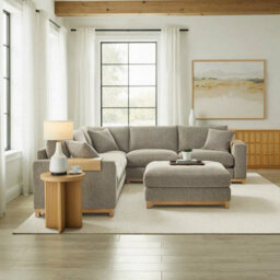 Xample Aiden & Ivy Hawthorne Brown Fabric Corner Sofa With Storage Ottoman, Feather-Wrapped Foam Seats, Wood Arm Trays, 3 Accent Pillows - thumbnail 4