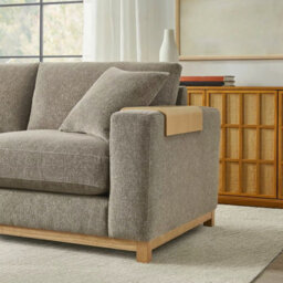 Xample Aiden & Ivy Hawthorne Brown Fabric Corner Sofa With Storage Ottoman, Feather-Wrapped Foam Seats, Wood Arm Trays, 3 Accent Pillows - thumbnail 5