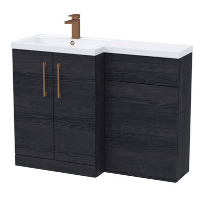 Balterley Left-Hand Bathroom Vanity And Wc Unit Combination With Basin - 1100mm - Woodgrain Black With Brushed Bronze Handles - image 1