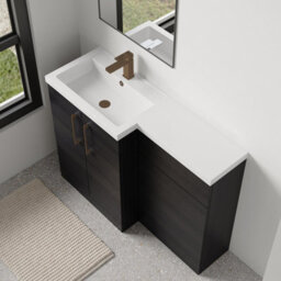 Balterley Left-Hand Bathroom Vanity And Wc Unit Combination With Basin - 1100mm - Woodgrain Black With Brushed Bronze Handles - thumbnail 3