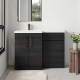 Balterley Left-Hand Bathroom Vanity And Wc Unit Combination With Basin - 1100mm - Woodgrain Black With Brushed Bronze Handles - thumbnail 2