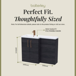 Balterley Left-Hand Bathroom Vanity And Wc Unit Combination With Basin - 1100mm - Woodgrain Black With Brushed Bronze Handles - thumbnail 5