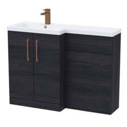 Balterley Left-Hand Bathroom Vanity And Wc Unit Combination With Basin - 1100mm - Woodgrain Black With Brushed Bronze Handles