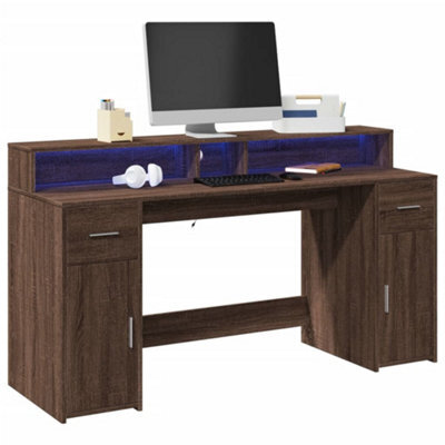 Berkfield Desk With Led Lights Brown Oak 160X55X91 Cm Engineered Wood - image 1