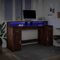 Berkfield Desk With Led Lights Brown Oak 160X55X91 Cm Engineered Wood - thumbnail 5