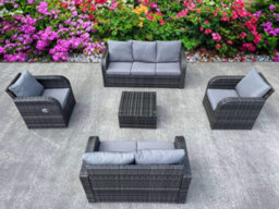 UK Leisure World Recliner Recline Coffee Table Stools Sun Bed Rattan Wicker Conservatory Outdoor Garden Furniture Set Corner Sofa Grey - thumbnail 3