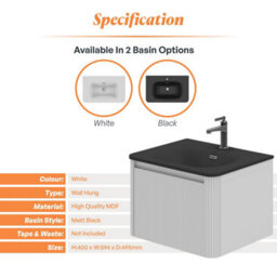 Plum&clay Isla Ribbed Fluted White Wall Hung Drawer Vanity Unit & Black Basin Set (W)600mm - thumbnail 5