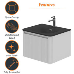 Plum&clay Isla Ribbed Fluted White Wall Hung Drawer Vanity Unit & Black Basin Set (W)600mm - thumbnail 6