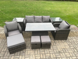 Fimous Outdoor Rattan Furniture Sofa Garden Dining Sets Adjustable Rising Lifting Table And Chair Set With 3 Footstools - thumbnail 2