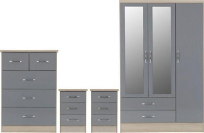 Seconique Nevada 3 Door 2 Drawer Mirrored Wardrobe Set Grey Gloss - image 1