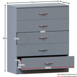 Grey Modern Chest Of Drawers Bedside Table Cabinet 5 Drawer Bedroom Storage - thumbnail 2