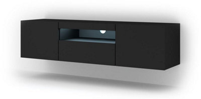 Arte Aura Modern Tv Cabinet 150Cm In Black Matt With Blue Led Lighting - W1500mm X H36-420mm X D370mm - image 1