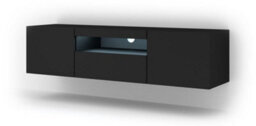 Arte Aura Modern Tv Cabinet 150Cm In Black Matt With Blue Led Lighting - W1500mm X H36-420mm X D370mm