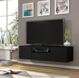 Arte Aura Modern Tv Cabinet 150Cm In Black Matt With Blue Led Lighting - W1500mm X H36-420mm X D370mm - thumbnail 2