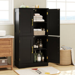 Costway Bathroom Floor Cabinet 110Cm Freestanding Pantry Cabinet With 4 Doors-Black - thumbnail 1