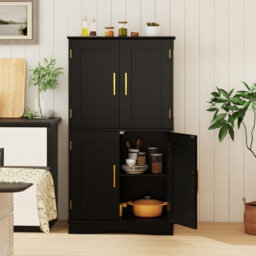 Costway Bathroom Floor Cabinet 110Cm Freestanding Pantry Cabinet With 4 Doors-Black - thumbnail 6