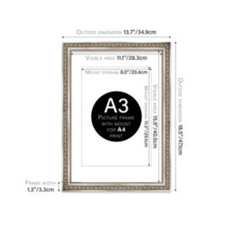 A3 Silver Ornate Picture Frame (42 X 29.7Cm) With Mount For A4 Poster, Photo, Artwork, Gallery Wall Or Print - thumbnail 2