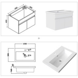 AVER-GROWTH 600mm Bathroom Vanity Unit With Resin Sink 2 Doors Wall Hung Matt White Bathroom Cabinet Storage Cupboard Furniture - thumbnail 5