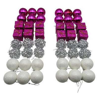 SecureFix Direct Christmas Baubles White Pink And Silver X48 (Xmas Tree Ornament Glitter Decoration)