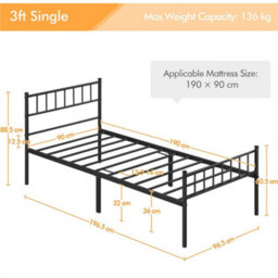 Yaheetech Black 3Ft Single Metal Bed Frame With Slatted Headboard And Footboard - thumbnail 4