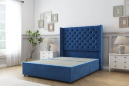 "Sloomy Dior Navy Plush Divan Bed Base No Drawers With 54"" Wingback Headboard 2'6 Small Single" - thumbnail 1