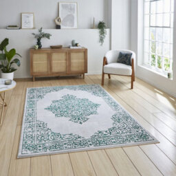 Green Silver Traditional Bordered Abstract Easy To Clean Dining Room Bedroom & Living Room Rug-80Cm X 150Cm - thumbnail 2