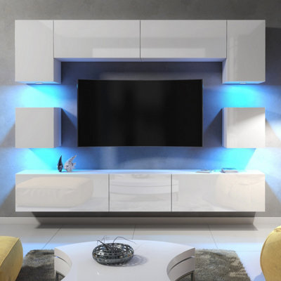 Modern Wall Unit Tv Stand Living Room Cupboard - White  Gloss Doors - image 1