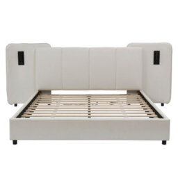 Abrihome 4Ft6 Double Upholstered Bed With Charging Port & Led Lighting, Soft Headboard, Storage Bed Frame, Beige - thumbnail 4