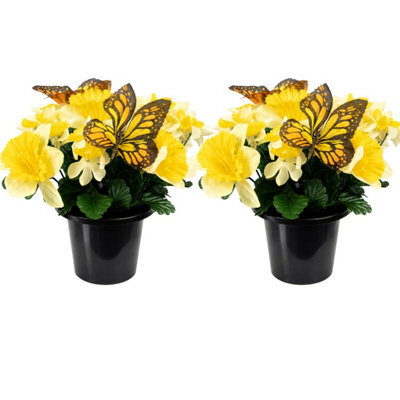 Urbn-Living Yellow Daffodil & Butterfly Set Of 2 Artificial Silk Flower Grave Pot Memorial Arrangement Graveside Cemetery - image 1