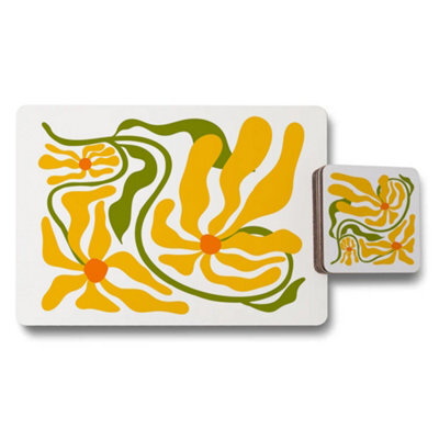 Benjamin Tate Design Placemat And Coaster Set Designer Artwork Limited Edition Floral Yellow Orange Motif Wooden Backing - image 1