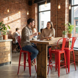 "Fwstyle Bistro Metal Bar Chairs Stools Set Of 4 24"" Red Gloss Galvanised Steel Indoor & Outdoor"
