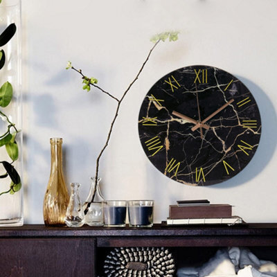 Living And Home Silent Wall Clock Black Marble Texture Round Wall Clock For Kitchen Home - image 1