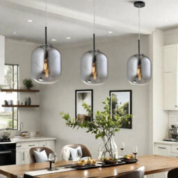 Harper Living Smoked Glass Pendant Light, E27 Ceiling Lighting Black, Adjustable Height Industrial Hanging Lamp, Medium - thumbnail 3