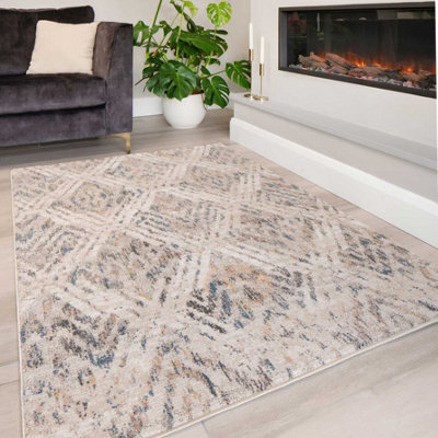 Loomed Neutral Beige Distressed Diamond Soft Living Area Rug 120X170Cm - image 1
