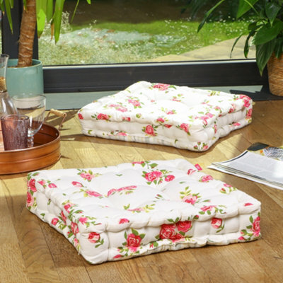 Dibor Set Of 2 Pink Floral Print Indoor Dining Chair Seat Pad Box Cushions (L)40Cm X (W)40Cm - image 1