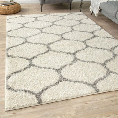The Rugs Moroccan Shaggy Rugs And Runners Soft Fluffy Trellis Design High Pile Ivory And Grey Living Room Kitchen Hallway 600