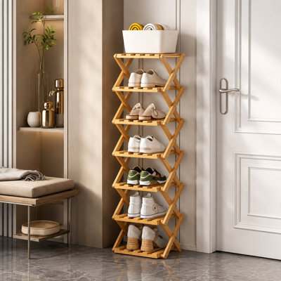 Shoe Rack Natural Bamboo Folding Storage Organizer Seven Tier Corner Shelf - image 1