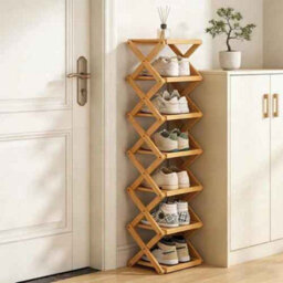 Shoe Rack Natural Bamboo Folding Storage Organizer Seven Tier Corner Shelf - thumbnail 4